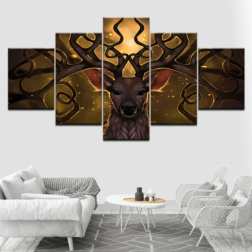Canvas Wall Art Pictures Home Decor HD Prints Posters 5 Pieces Forest Animal Deer Elk Snow Landscape Paintings Framework | Дом и сад