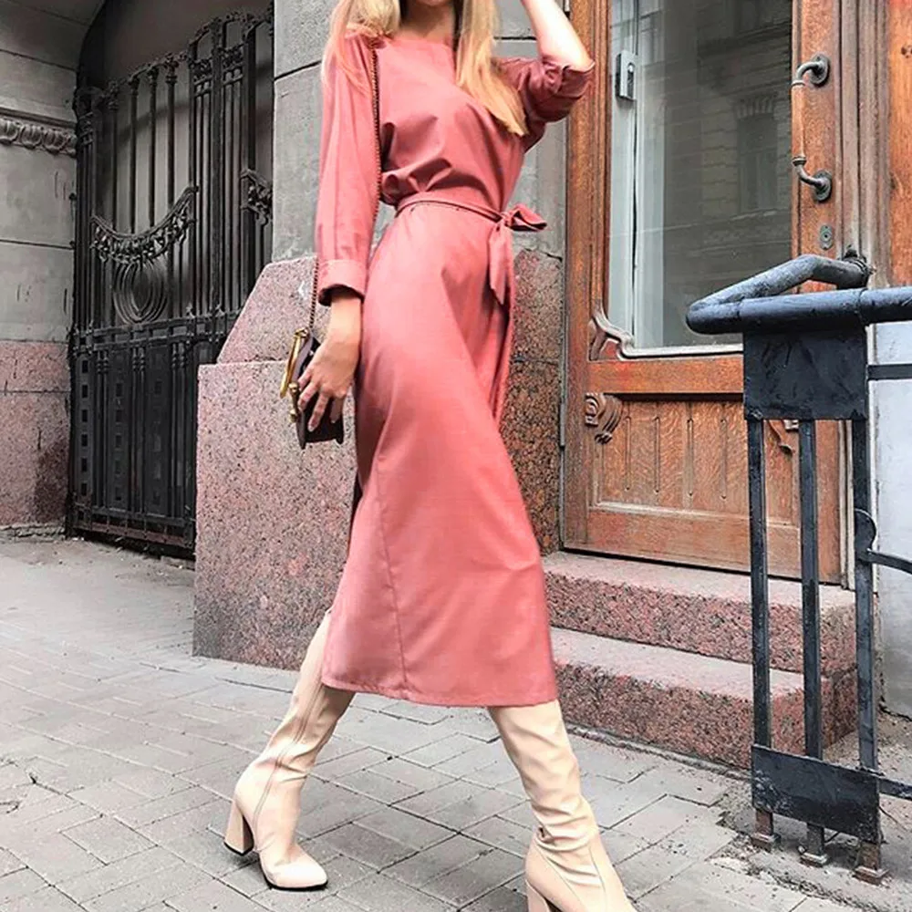 

winter dress long sleeve office dress women winter dress for women cotton with ruffles vestidos largos de verano casual #4N01