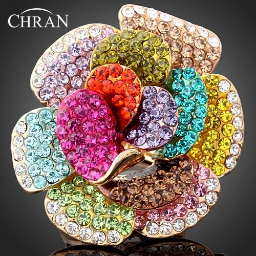 

Chran Wholesale New Gold Color Rhinestone Crystal Rose Flower Rings For Women Fashion Jewelry Best Part Gifts Accessories