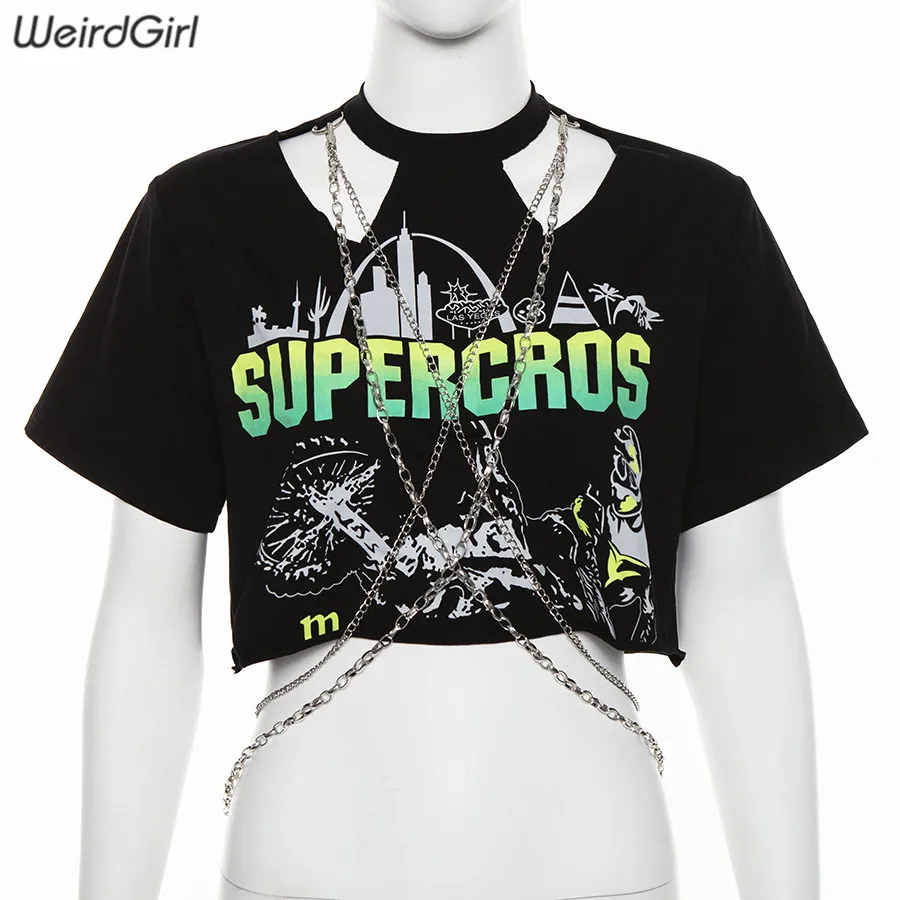 Weirdgirl/женские модные футболки в стиле хип-хоп с принтом в виде металлической цепочки, свободные топы с круглым вырезом и коротким рукавом, эластичные растягивающиеся летние топы для девочек, Новинка