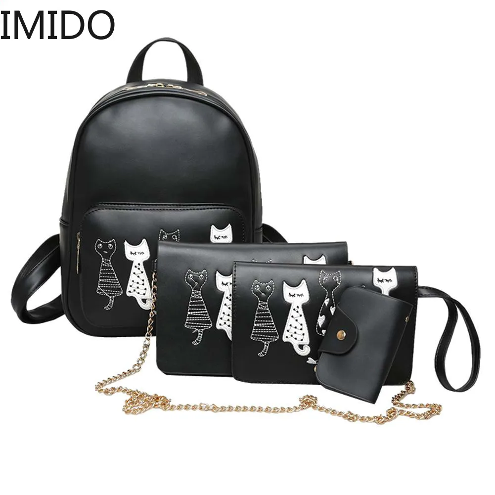 

4pcs/Set Backpack Women Cat Printing PU Leather Backpacks Students School Bags for Teenage Girls Mochila Feminina Sac A Dos Mini