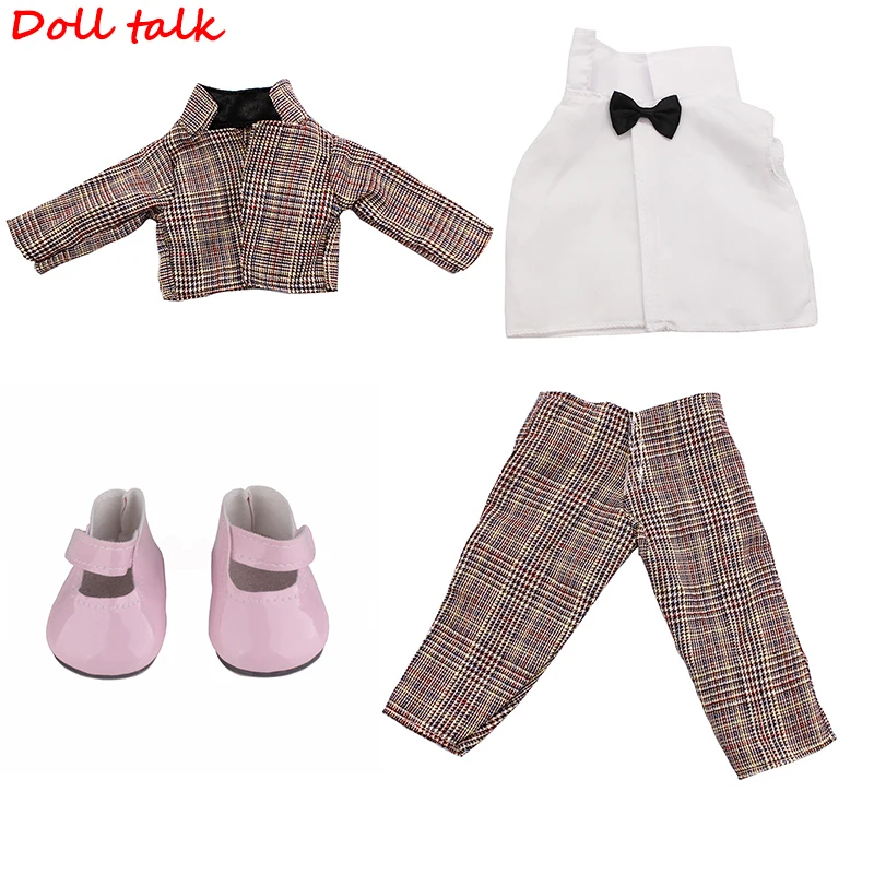 3pcs/set Suit Doll Outfit For 43cm Baby Tuxedo Coat+T-shirt+Trousers Set For 18Inch Amerian Zapf Doll Clothes Child's Gift Shoes