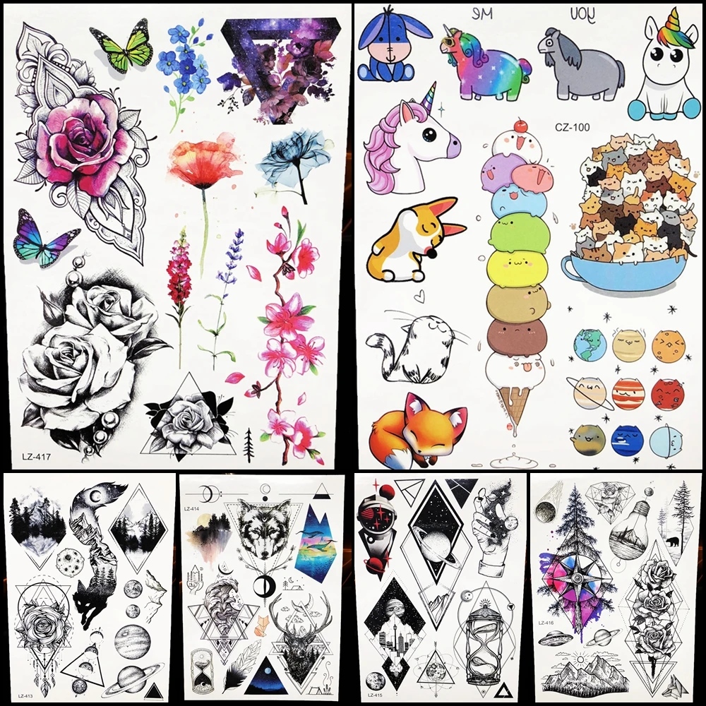 

Cute Kid Cartoon Face Tattoo Stickers Women Temporary Tattoo Flower Totem Men Body Arm Geometric Waterproof Tatto Children