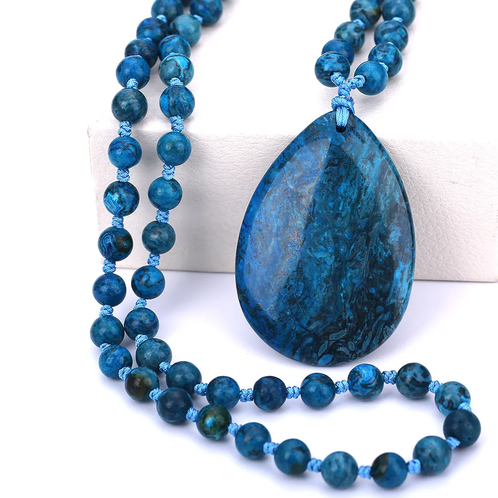 

Natural Blue Agate Stone Pendant Necklace Chakra Healing Crystal Point Gemstone Necklaces For Women Jewelry Yoga sweater chain