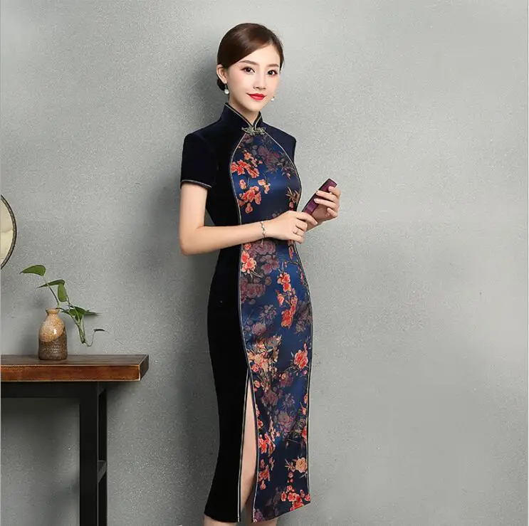 Китайский Винтаж Стиль Длинные cheongsam демисезонный короткий рукав Традиционный шить бархат моды ежедневно Qipao платье с цветочным рисунком