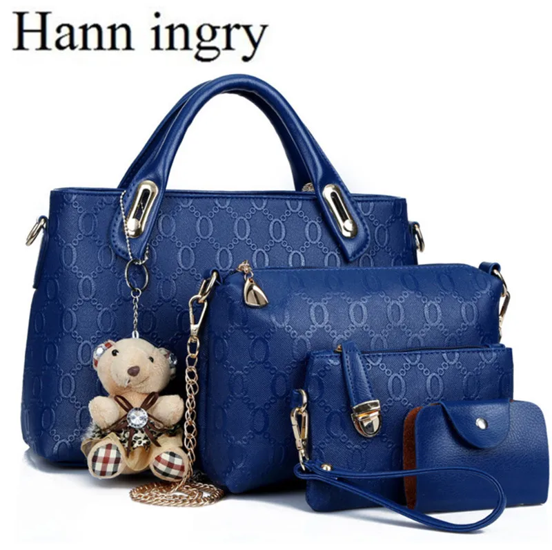 

HANN INGRY Women Designer Noble Handbag PU Leather Shoulder Messenger bag Large Capacity Casual Tote Tassel Bag 4/p Suit H31D