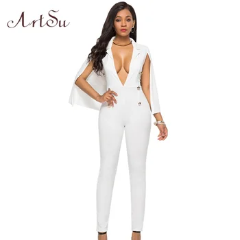 

ArtSu Fashion Women Sexy Jumpsuit One Piece Party Wear Skinny White Lady Female Rompers Deep V-Neck Club Overalls 3XL Plus Size