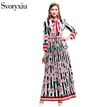 2017 Early Autumn Runway Designer Pleated Long Dress Women High Quality Stripe Flower Floral Printed 3xl Plus Size Dress