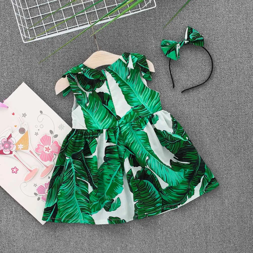 

Sleeveless Dress Fashion Kids Children's Toddler Baby Girls Leaves Print Dress Straps Party Headband Belt For Girls Dresses 2019