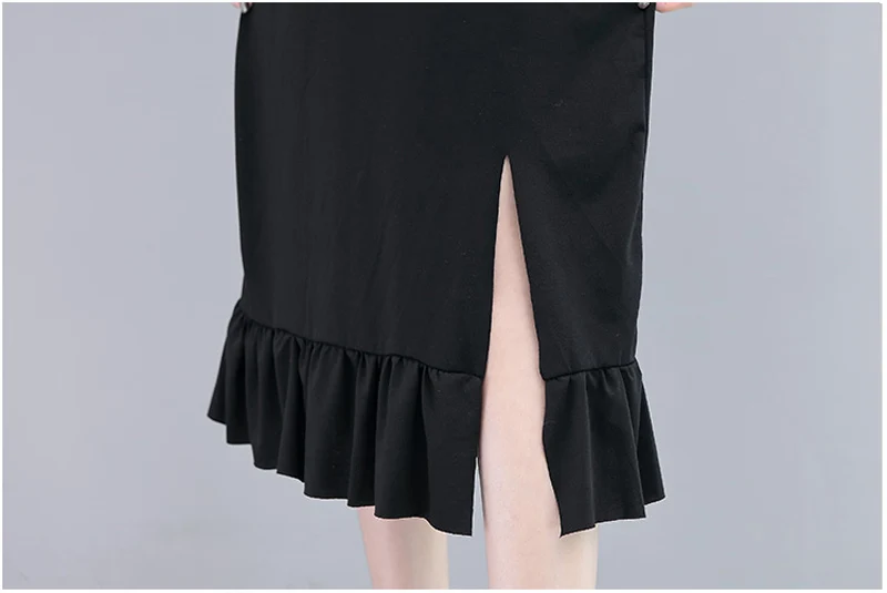 Женское платье размера плюс крыло бабочка открытая спина Лето короткий рукав o-образным вырезом разрез Пеплум с оборками одежда черная футболка платье