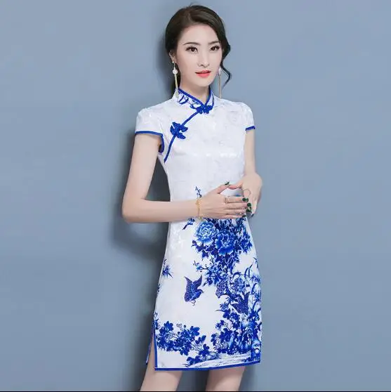 

2017 New Chinese style Cheongsam dress Summer Blue and white porcelain