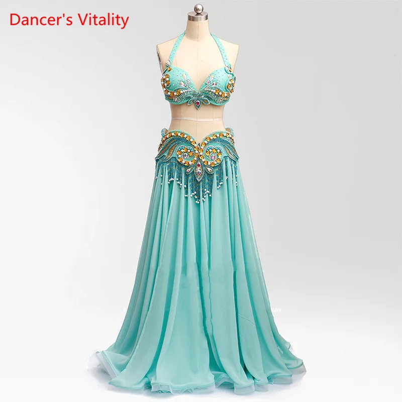 

2018 New Style Belly Dance Performance Suits Senior Custom Dance Competition Clothing Bra&Tassel belt&Chiffon's Big Swing Skirt