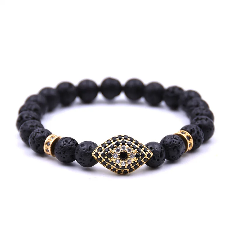 New Arrival Micro Pave CZ Evil Eye Charm Bracelets 8mm Black Lava Stone