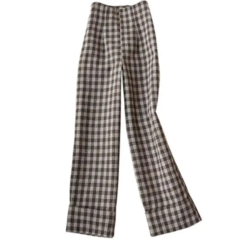 Plaid pants female spring fall New temperament ladies woolen plaid nine pants trousers high waist straight Leisur pant women