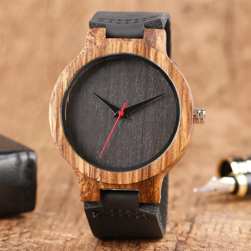 

Creative Wood Watch Men Analog Minimalist Genuine Leather Band Strap Bamboo Nature Wood Wrist Watch relogio