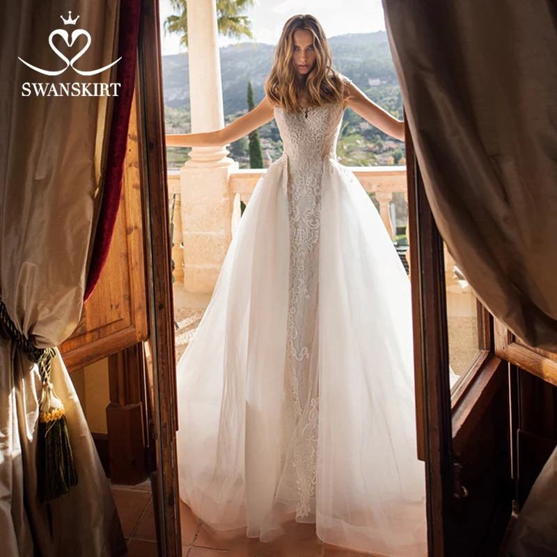 

Swanskirt Vintage Detachable Train Mermaid Wedding Dress 2019 Fashion Appliques Lace Princess Bride Gown Vestido de Noiva K177