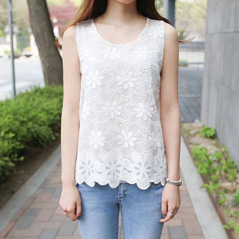 Women Lace Flower Elegant Tank Top Female Embroidery Tops Large Size