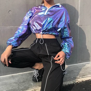 

Shiny Laser Hooded Sweatshirts Women Crop Tops Fashion Long Sleeve Drawstring Jacket Cool Hiphop Sexy Casual Hoodies Streetwear