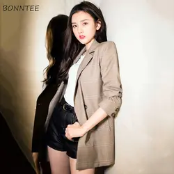 Блейзеры для женщин в клетку простые мягкие женские корейский стиль элегантный тонкая на кнопках Женская одежда для отдыха с длинным