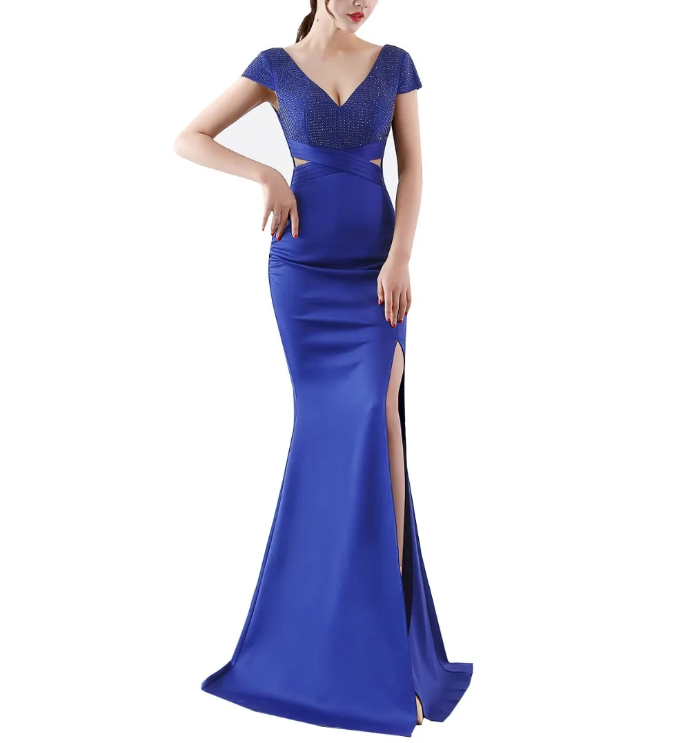 Solovedress Prom Dress Mermaid Бисер с разрезом на ноге прорезью официальное свадебное платье Кепки рукава с глубоким v-образным вырезом платье с