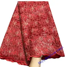 Год уникальный классический красный цвет французская кружевная ткань шнур вышивка африканским тюлем кружевная ткань с мелкими блестками бисера NHI94D