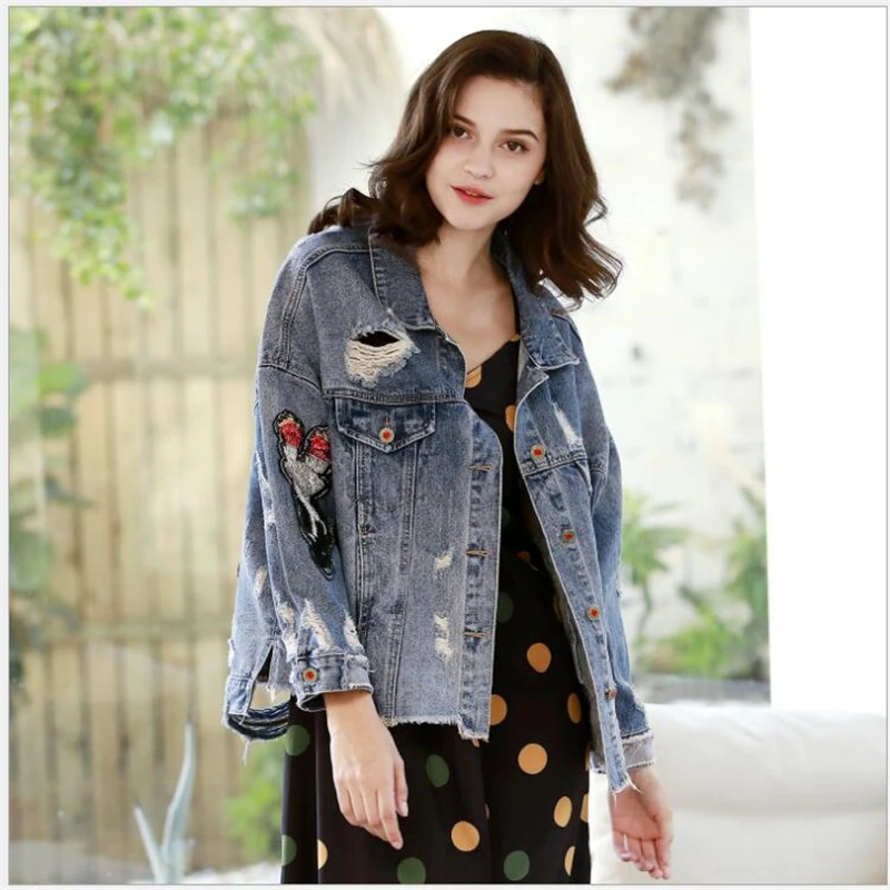 Paillettes Nouveau Tops Longues Vêtements Manches Et Veste Broderie Femmes Trou De Printemps Automne Blue G233 Denim À n0gTv7q