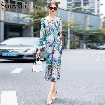 

Svoryxiu Summer Runway Designer Boho Mermaid Dresses Women's Long Sleeve Flowers Print Elegant Slim Long Dress