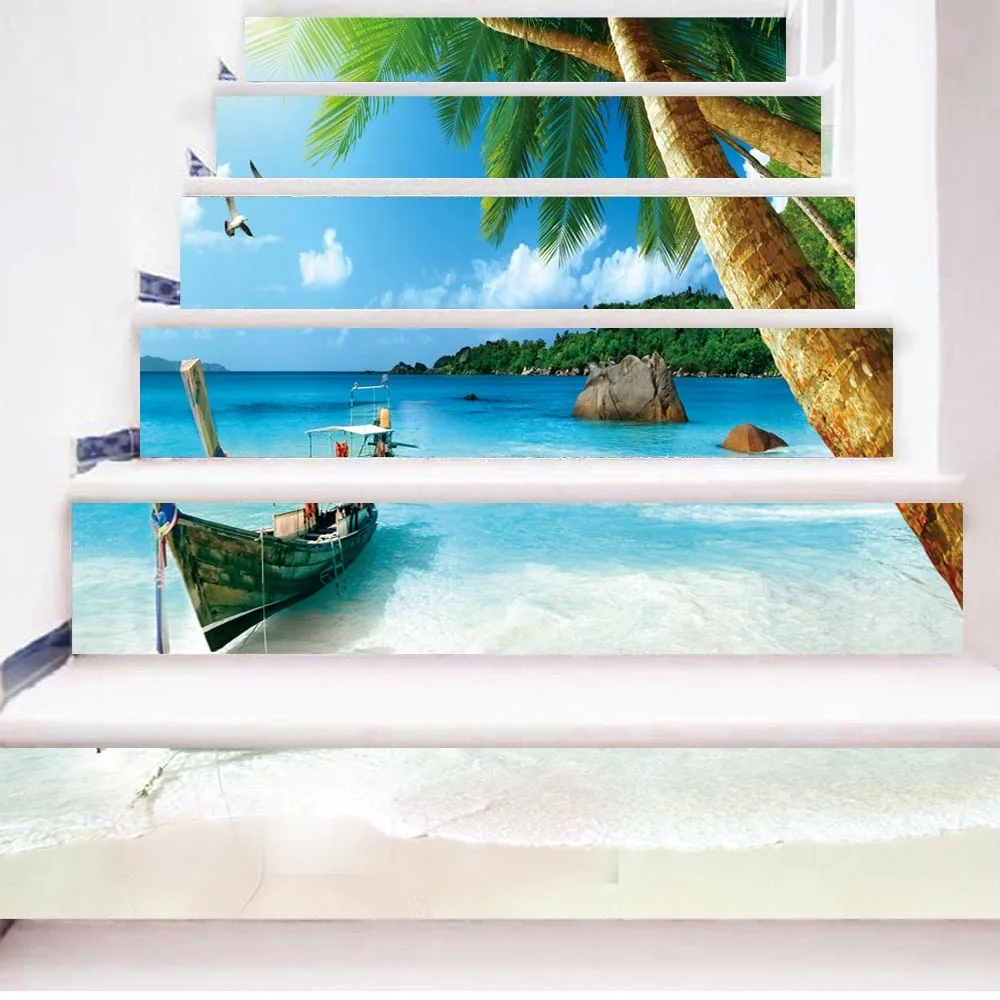 

3D Effect Creative 6pcs/set DIY Steps Stair Stone Seaside Beach Scenery Wallpaper Poster Pattern Landscape Home Decoration