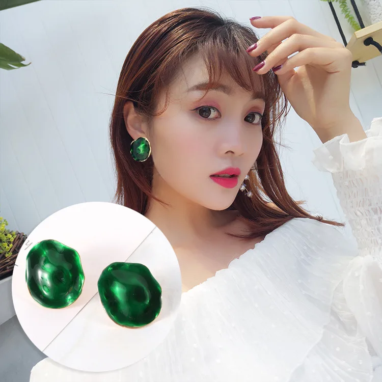 

DABLX Green Stud Earrings Women Punk Big Irregular Round Statement Earring Fashion Jewelry Korean Style Cocktail Accessories