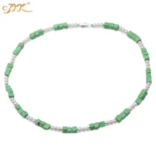 JYX Handmade Gemstone Turquoise Necklace 5.5-6mm Cubic Green Turquoise and White Pearls Necklace for Women 20 a suit of stylish women s turquoise elephant necklace and earrings