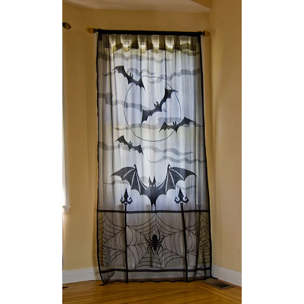 

1/2Pcs Halloween Lace Window Curtain Black Spider Web Bats Festival Home Decoration Door Curtains E2S