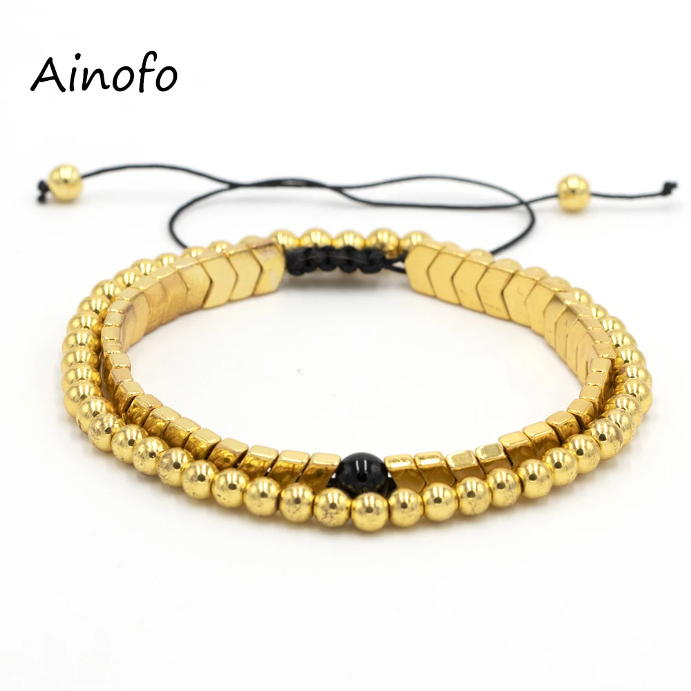 

Men's Set Hematite Bracelets European Weaving Mens Brading Macrame Bangle Punk Hiphop Cool Men Jewelry Bracelet Gift Pulseira Ma