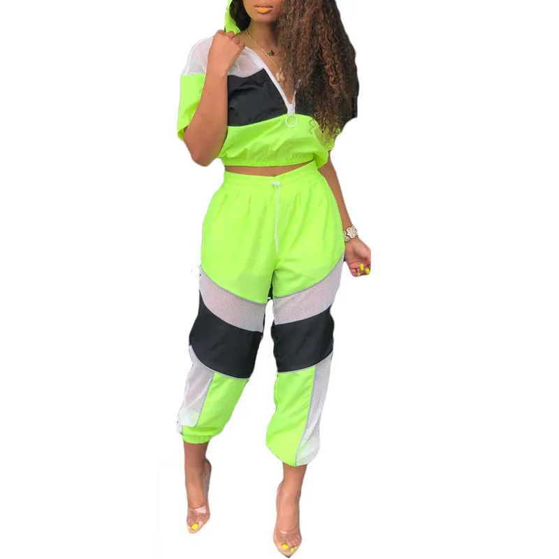 

Mixed Color Mesh Patchwork Style Woman Two Pieces Set Short Sleeve Zip Me Up Crop Tops Full Length Pants Suit Windbreaker