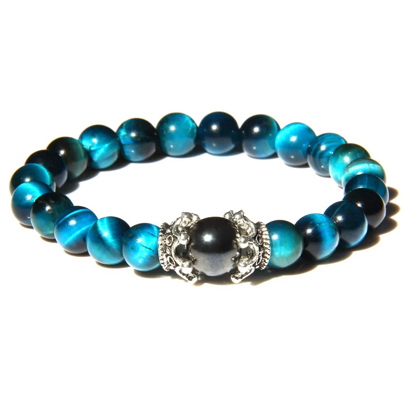 

Royal Blue Tiger Eye Stone Bracelets Men Newest Silver Crown Charms Bangle Polished Gem Stone Energy Bracelet For Homme Jewelry