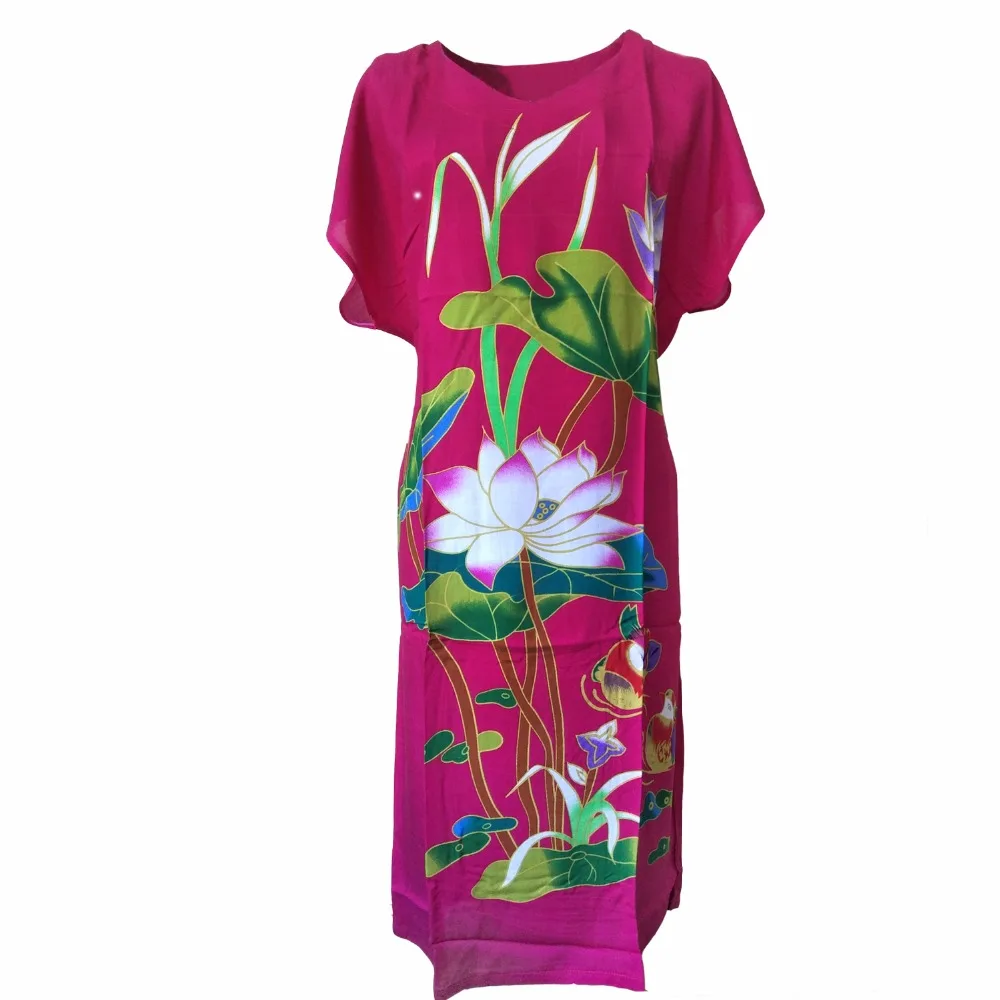 

Summer Red Women Robe Casual Home Dress Chinese Vintage Print Flower Sleepwear Rayon Sexy Female Nightwear One Size