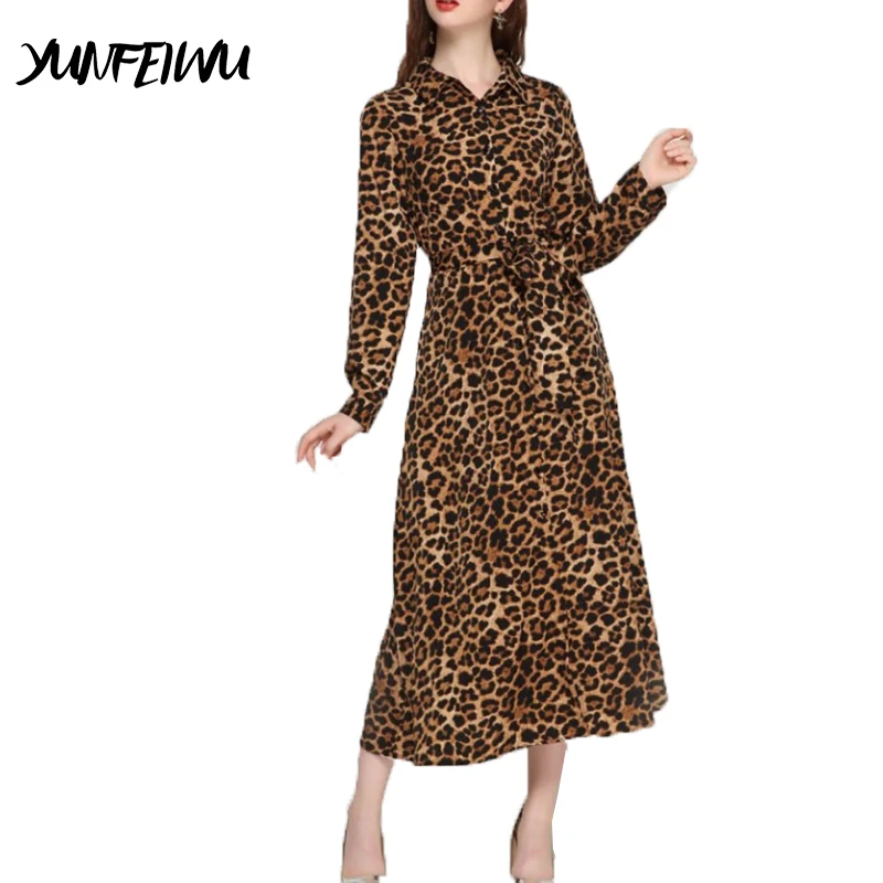 Женское платье с длинным рукавом Leopard подушечки для маникюра длиной до лодыжки