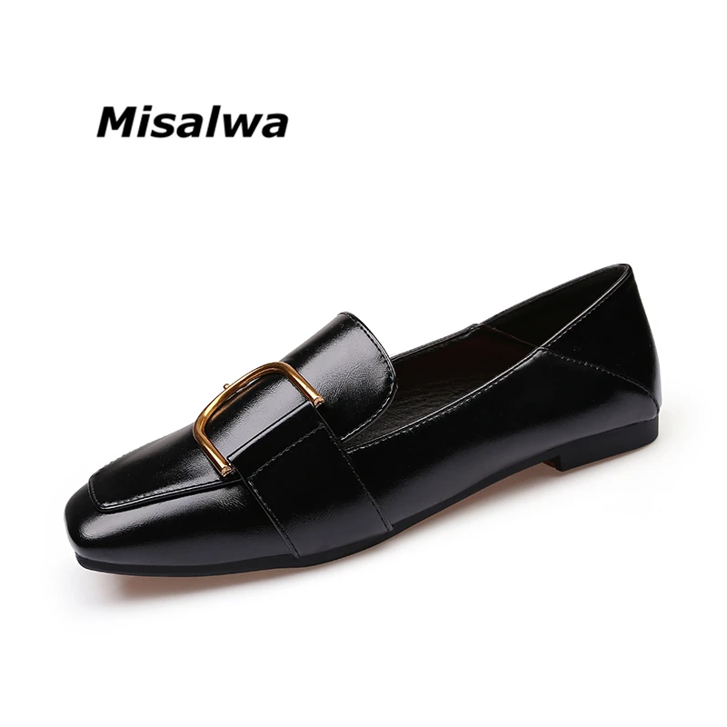 

Misalwa 2018 Autumn New Woman Flats Shoes Solid Square Toe Fashion Metal Decoration Slip On Black White Woman Shoes