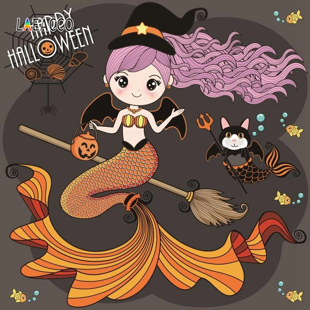 

Laeacco Halloween Mermaid Pumpkin Lamp Spider Web Bat Photography Backgrounds Customized Photographic Backdrops for Photo Studio