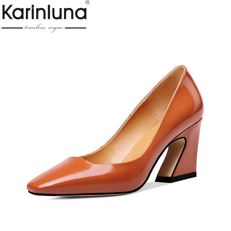 

KarinLuna genuine leather 2018 patent leather large size 33-42 slip on hoof Heels women shoes woman Pumps Shoes