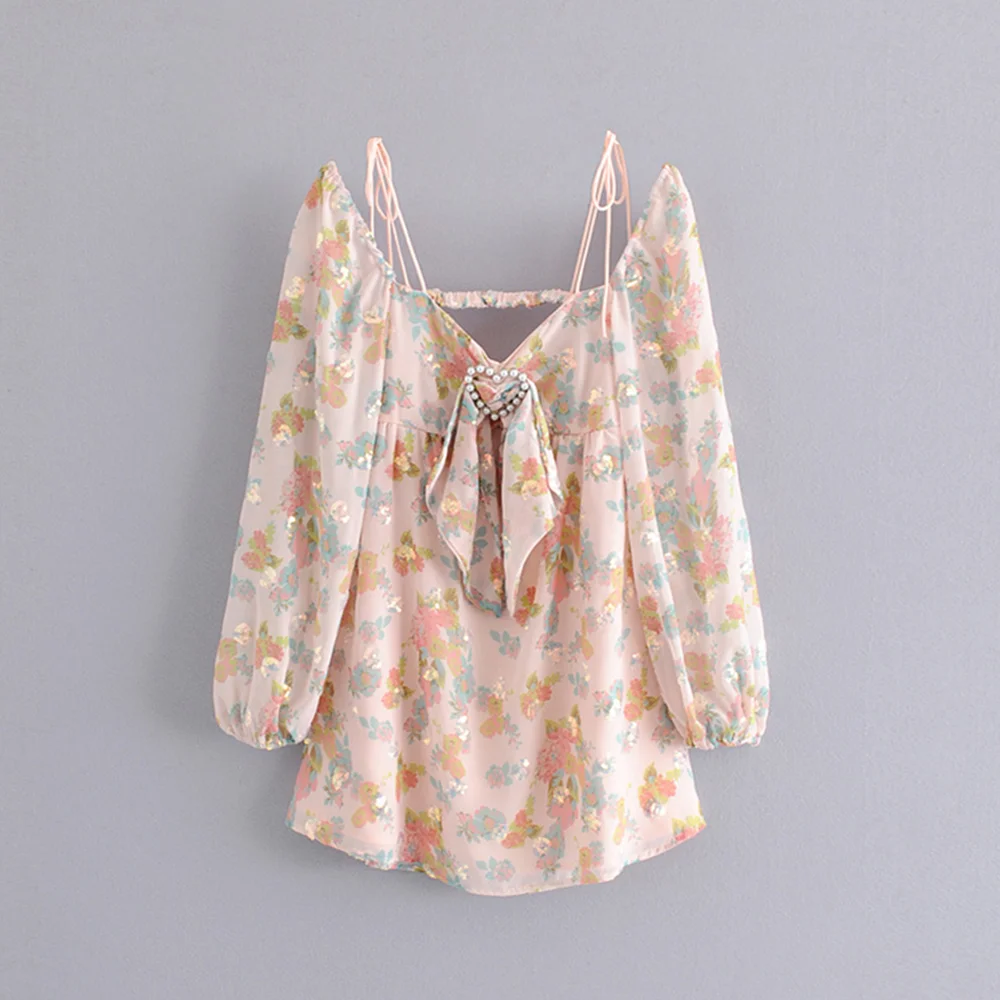 Sexy Summer Spring Female Shirt Blouse Tee Sweet Backless Spaghetti Strap Robe Femme Floral Print Shirt Streetwear Blouse Women