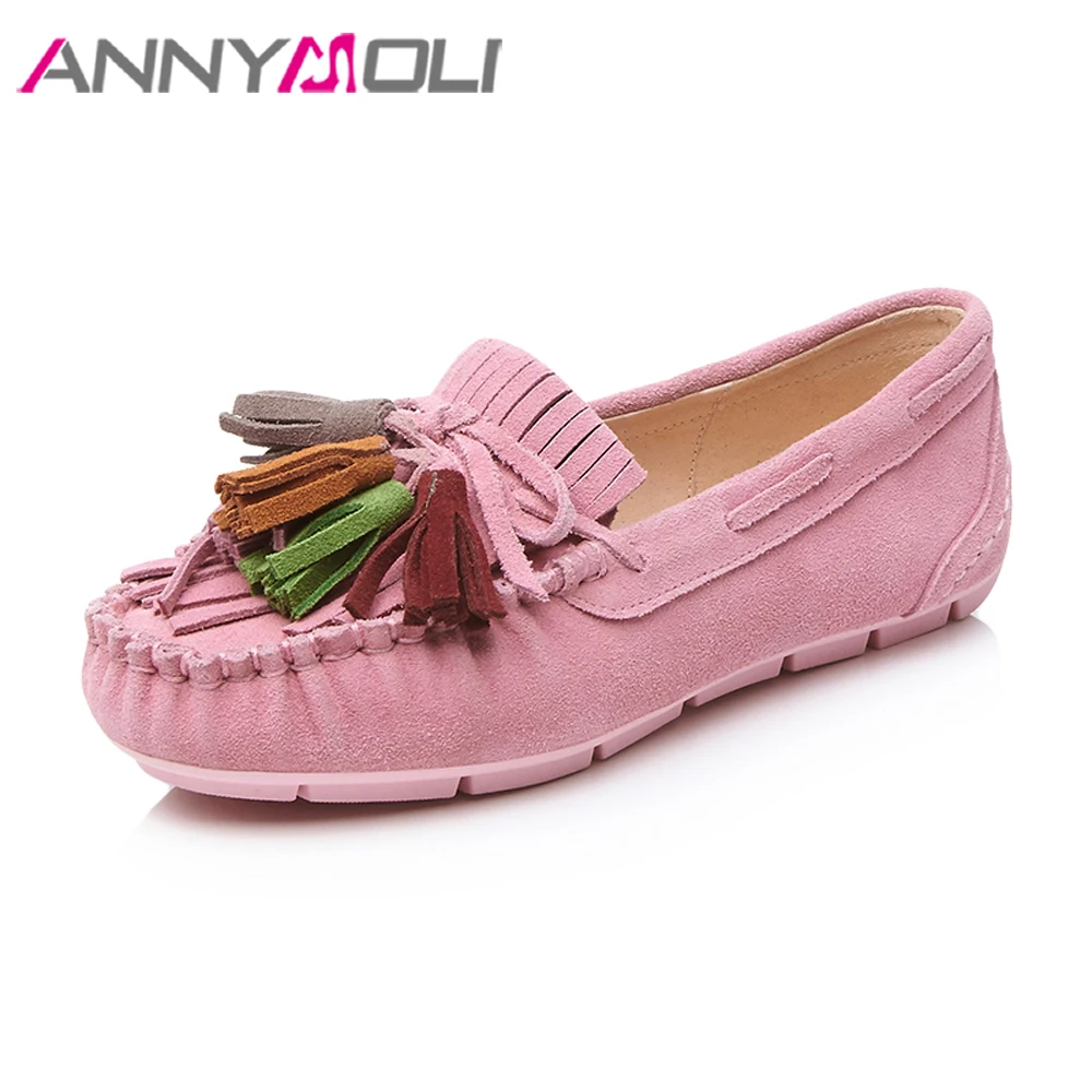 

ANNYMOLI Genuine Leather Suede Shoes Women Boat Flats Fringe Loafers Shoes Pink Slip On Pleated Shoes Spring 2018 Female Flats
