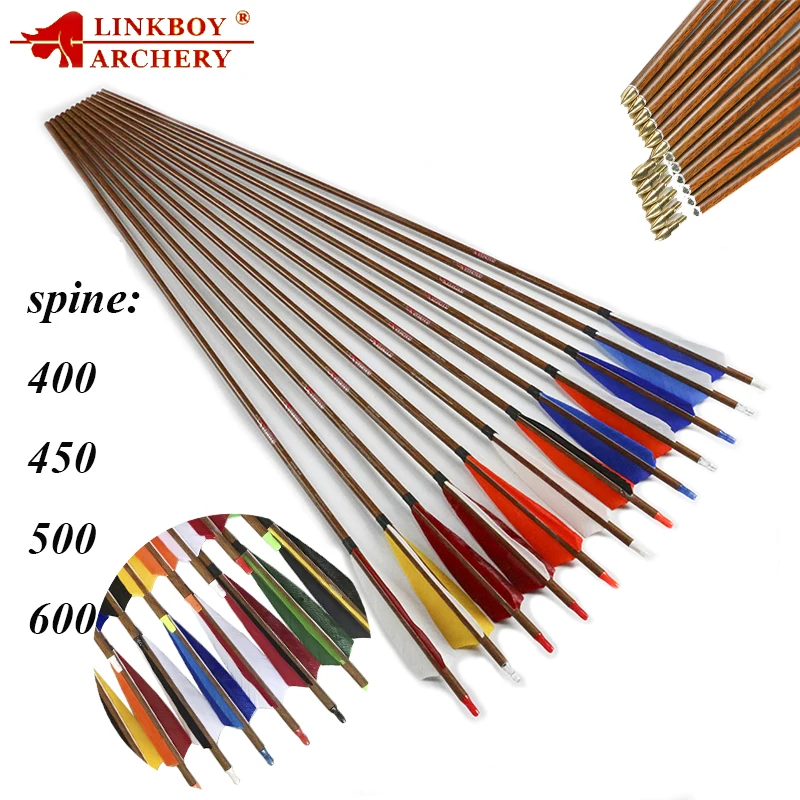 

Linkboy 12pcs Archery Wooden Pattern Carbon Arrow Sp450 5'' Turkey Nock Tip Complete for Bow Hunting Compound Bow Accessories