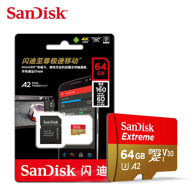 SanDisk Extreme PRO Micro SD карта скорость чтения 170MBs 128 Гб 64 Гб U3 V30 A2 карта памяти SDXC флэш-карта TF карта 4K UHD microsd