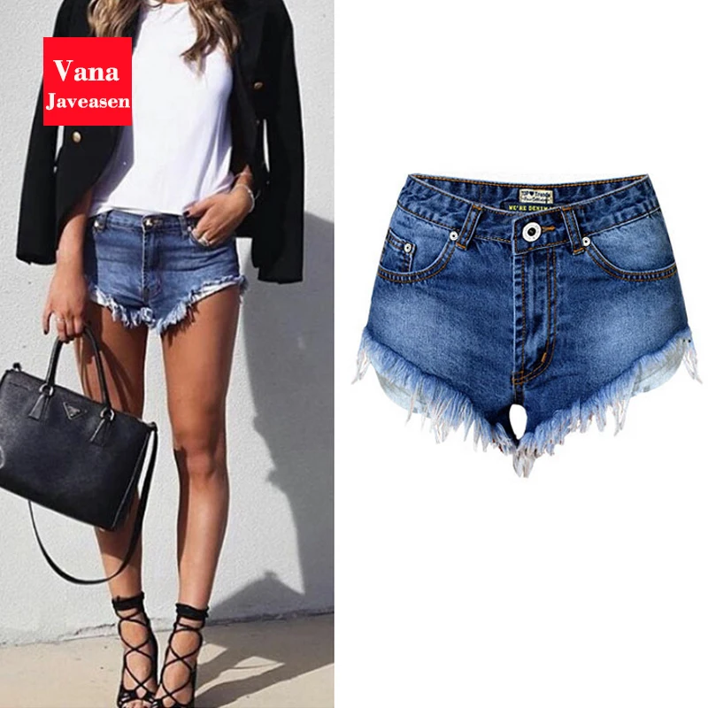 Vana Javeasen Tassel Decoration Jean Denim Shorts Women Skinny Mid-waist Blue Shorts For Ladies Girl Summer Short-jeans