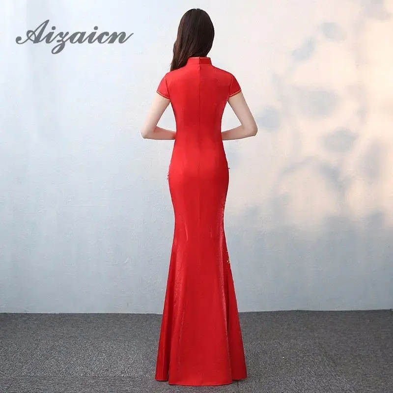 Женское винтажное платье Ципао Qipao красное традиционное вечернее с вышивкой в