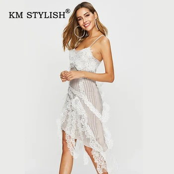 

2019 New Female Sexy Lace Patchwork Embroidery Strapless Ruffles Sequined Elegant Casual Dress Sashes