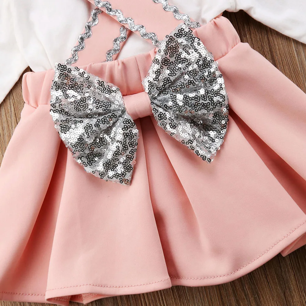 Fashion Toddler Kids Girls Lace Tops Sequin Strap Skirt 3Pcs Outfits Set Clothes Cute Pink Dresses