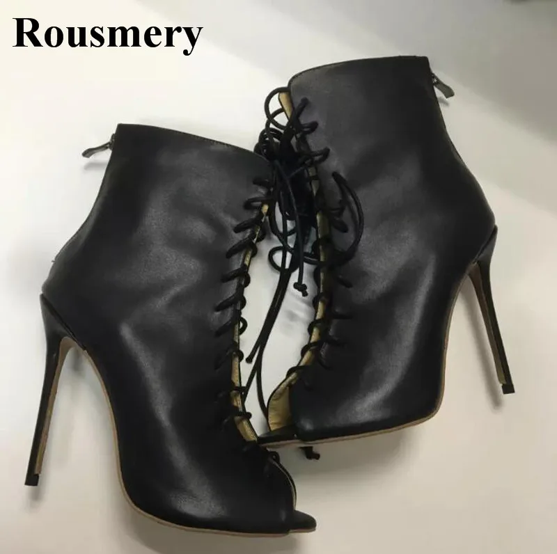 Hot Selling Women Classical Design Open Toe Lace up Black Leather Ankle Boots Cut out High Thin