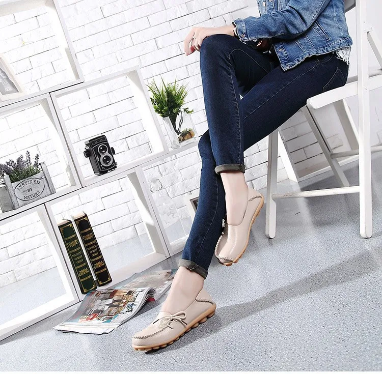 2016 New Real Leather Woman Flats Moccasins Mother Loafers Lacing Female Driving Casual Shoes In 16 Colors Size 34-44 ST179 (32)