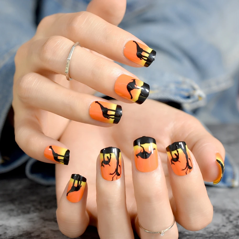 24pcs Harajaku Orange Short Nail Art Tips Animals Design Kit Full